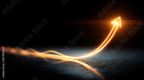 Glowing arrow symbolizing growth and progress, illuminated against dark background. light trails create dynamic and uplifting visual, representing success and forward movement
