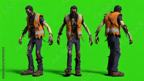 Three zombie construction workers standing on a green screen in various positions green screen halloween zombie video