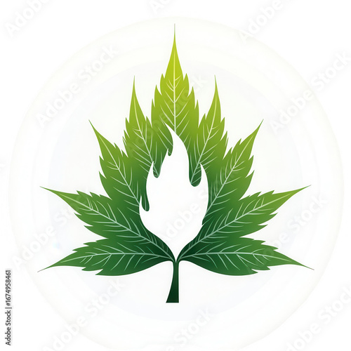 A stylized, circular design showcases a vibrant green leaf, intricately shaped to form a flame.