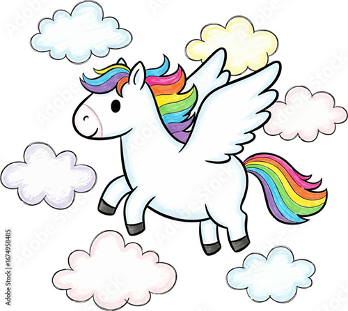 Fluffy Pegasus Soaring Through Soft Crayon Clouds