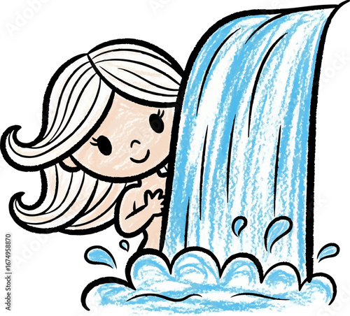 Shy Water Nymph Peeking from Behind a Waterfall