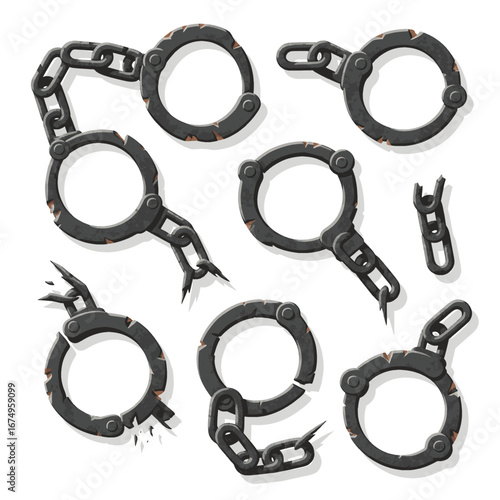 Vector illustration of a set of old, rusty, broken iron shackles and handcuffs, symbolizing the concept of escape and liberation from captivity