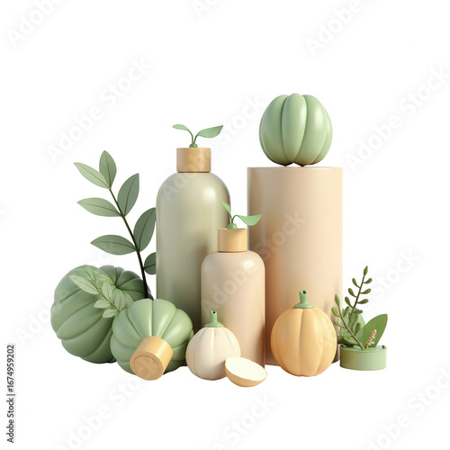 Pastel-toned cosmetic bottles and pumpkins, arranged on cylindrical pedestals, create a visually appealing and calming display.