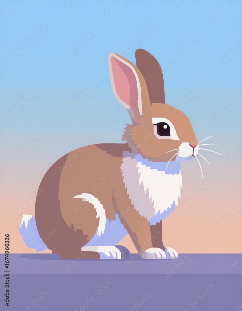 Fototapeta premium A stylized illustration of a brown rabbit with prominent ears, sitting gracefully against a pastel-colored background.