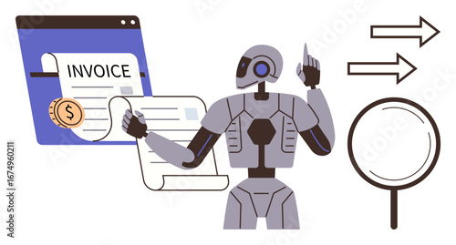 Robot examining digital invoices with a dollar coin, navigation arrows, and magnifying glass. Ideal for finance, automation, AI, analysis, innovation fintech and workflow. Simple flat metaphor
