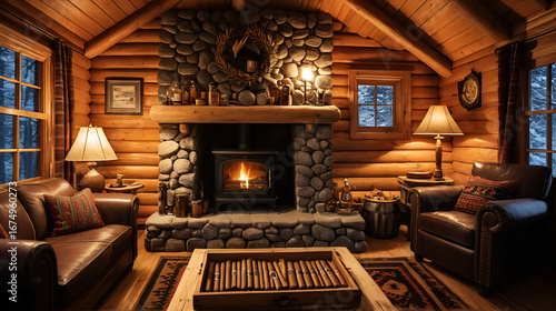 cozy cabin scene with whiskey and cigar