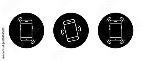 Mobile phone vibration icon set in black circle. Smartphone ringing and shake symbol. Cellphone call and notification alert concept