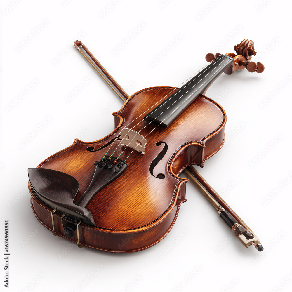 Fototapeta premium Elegant wooden violin and bow resting on a clean white background, showcasing fine craftsmanship.