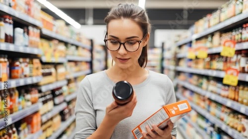 Woman carefully examines food labels in a supermarket aisle.