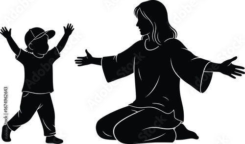 Silhouette of Happy Child Running to Mother, Family Love, Parenting, Emotional Bond, Joyful Reunion, Childhood Moments, Motherhood Concept