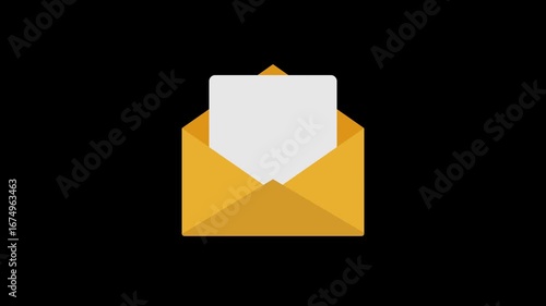 Animation of an open envelope containing a blank document with confetti. Transparent background. 4K resolution.