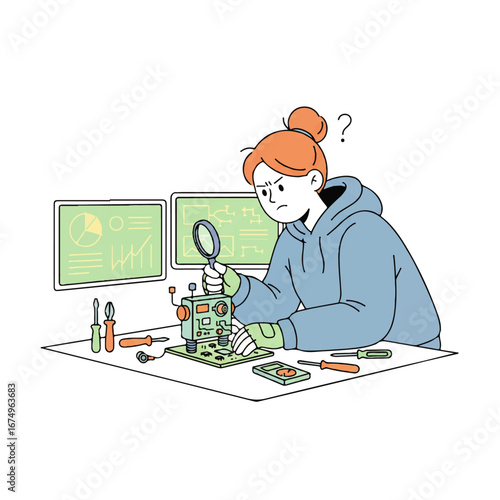 Confused engineer troubleshooting robot repair with magnifying glass and tools on modern desk