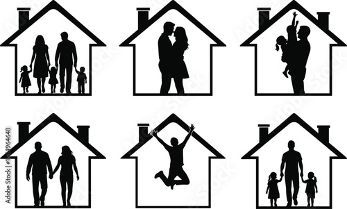 Family togetherness in home silhouettes, happy parents with kids, love and lifestyle indoors, concept of unity, parenting, relationships