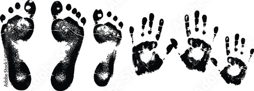 Footprints and handprints in black ink on white background, family unity, identity, childhood memory, body art, abstract impression, creativity