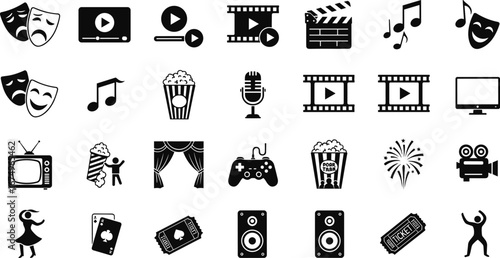 Entertainment icons set, movie symbols, theater masks, video play buttons, music notes, popcorn, microphone, TV, gaming controller, fireworks, camera, dance, playing cards, ticket