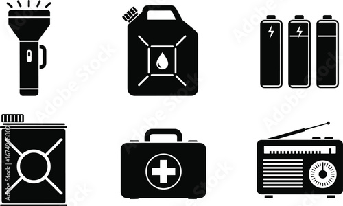 Emergency survival kit icons set, flashlight, batteries, first aid, fuel, water canister, radio, disaster preparedness essentials, black silhouette