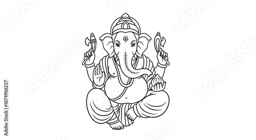 Illustration Vector of Ganesha in Outline Style with Headdress and Indian Iconography for Cultural Design