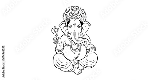 Illustration Art Vector of Ganesha Sitting in Meditation Pose with Line Art Style