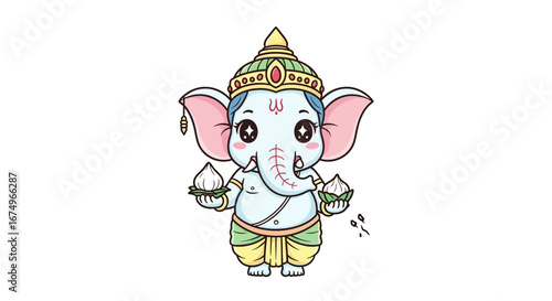 Illustration Art Vector of Cartoon Ganesha God with Headdress Holding Sweets for Divine Indian Culture Design
