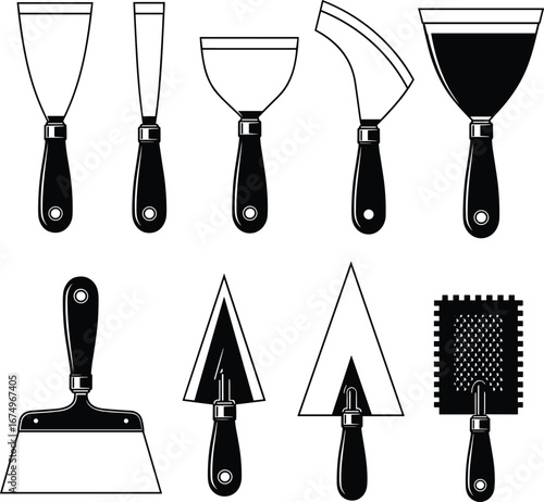 Collection of construction spatulas, scrapers, and trowels, essential hand tools for plastering, tiling, putty, drywall, renovation, and masonry work.
