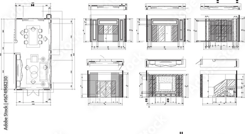 2D Furniture Layout Plan and Elevation Drawing of Living Room and Dining Room in Vector Style