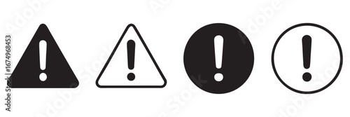 Hazard symbol in black and white color with exclamation symbol in different shapes stroke style. Caution symbols set with exclamation mark in various shapes. Danger warning icon set