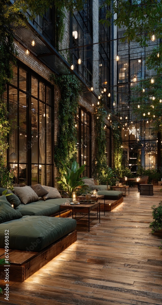 Fototapeta premium Urban courtyard patio at night, lit by string lights