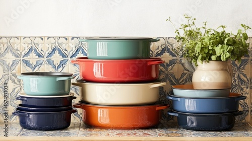 Stacked colorful ceramic pots and pans on kitchen counter