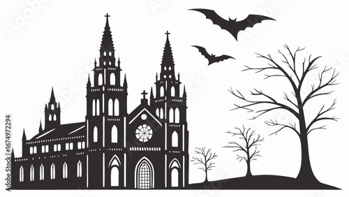 Gothic cathedral silhouette with bats and bare trees on a white background Keywords: gothic cathedral, church, architecture, silhouette, black, white background, bats, flying, bare trees, spooky