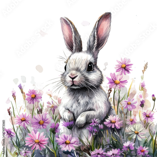 watercolor vector of Easter Bunny Spring Flowers, isolated on a white background.