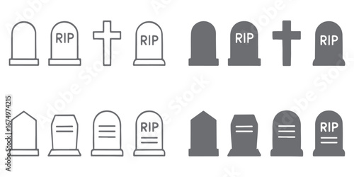 Set of grave vector icons. Gravestone or memorial icon. Vector 10 Eps.
