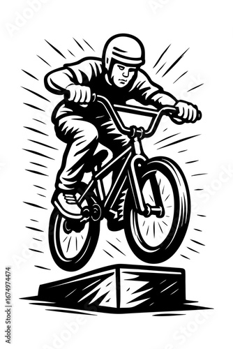Black and white comic-style BMX rider jumping over an obstacle