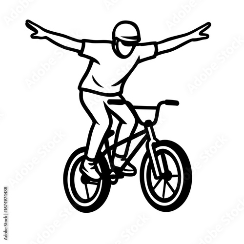 BMX rider standing on pedals with arms stretched wide mid-air