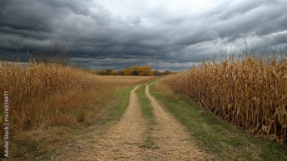Naklejka premium Winding path through golden cornfield under dramatic stormy sky