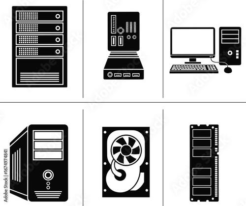 Computer hardware icons collection, server, motherboard, PC setup, memory, hard drive, data storage, CPU, fan, desktop, components