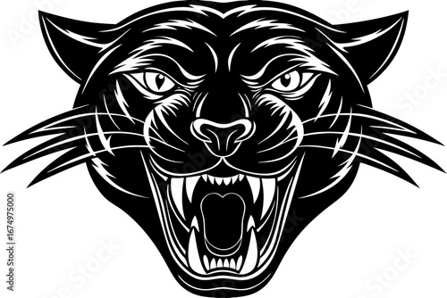 High-quality vector illustration of a fierce black panther head mascot logo. The aggressive roaring wild cat design features sharp fangs, piercing eyes, and bold outlines, perfect for esports teams, s