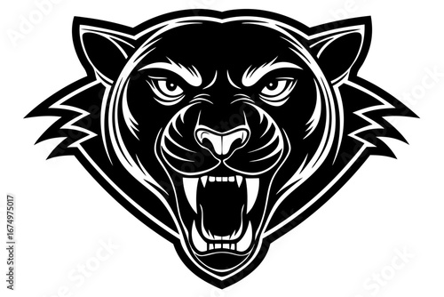 High-quality vector illustration of a fierce black panther head mascot logo. The aggressive roaring wild cat design features sharp fangs, piercing eyes, and bold outlines, perfect for esports teams, s