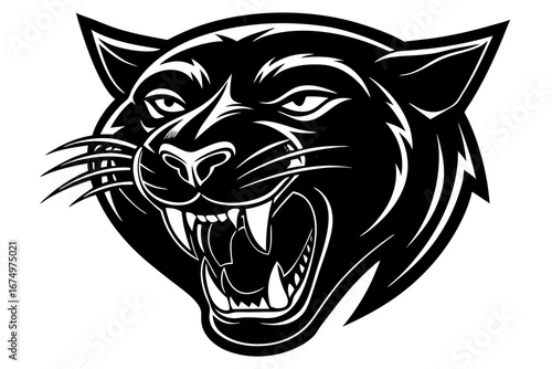 High-quality vector illustration of a fierce black panther head mascot logo. The aggressive roaring wild cat design features sharp fangs, piercing eyes, and bold outlines, perfect for esports teams, s