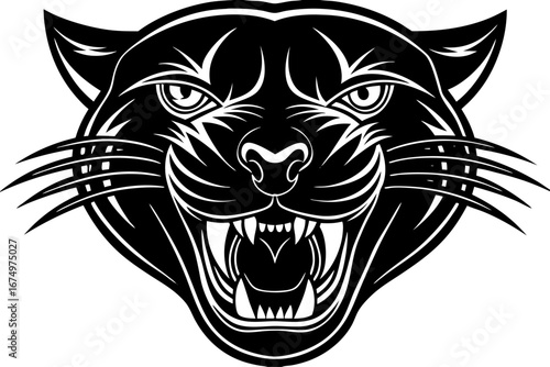 High-quality vector illustration of a fierce black panther head mascot logo. The aggressive roaring wild cat design features sharp fangs, piercing eyes, and bold outlines, perfect for esports teams, s