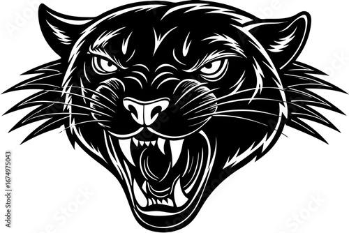 High-quality vector illustration of a fierce black panther head mascot logo. The aggressive roaring wild cat design features sharp fangs, piercing eyes, and bold outlines, perfect for esports teams, s