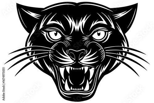 High-quality vector illustration of a fierce black panther head mascot logo. The aggressive roaring wild cat design features sharp fangs, piercing eyes, and bold outlines, perfect for esports teams, s