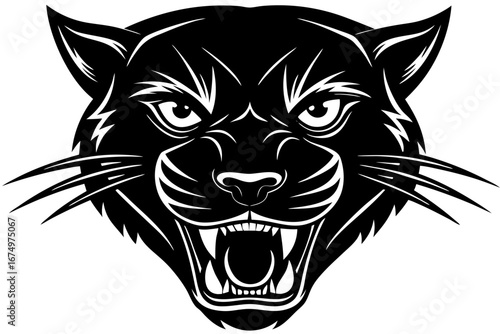 High-quality vector illustration of a fierce black panther head mascot logo. The aggressive roaring wild cat design features sharp fangs, piercing eyes, and bold outlines, perfect for esports teams, s