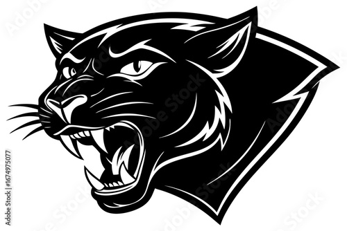 High-quality vector illustration of a fierce black panther head mascot logo. The aggressive roaring wild cat design features sharp fangs, piercing eyes, and bold outlines, perfect for esports teams, s