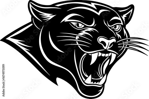 High-quality vector illustration of a fierce black panther head mascot logo. The aggressive roaring wild cat design features sharp fangs, piercing eyes, and bold outlines, perfect for esports teams, s