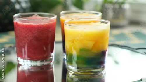 Wallpaper Mural Colorful fruit smoothies in glasses on mirrored tray Torontodigital.ca