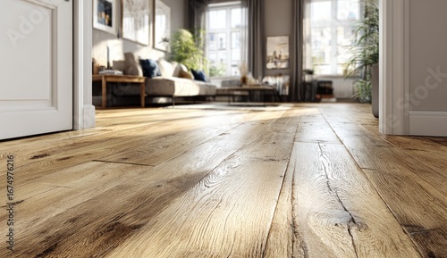 Sunny wooden floor, looking into a light-filled living room