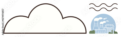 Cloud outline, factory with smokestacks emitting smoke, and abstract wave lines. Ideal for environmental awareness, industry impact, air pollution, climate change, sustainability, energy clean air