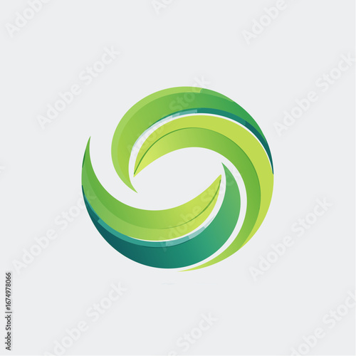 A dynamic green circular logo with swirling abstract leaf-like shapes, suggesting growth, nature, and eco-friendly concepts.