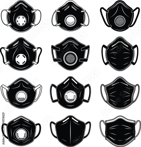 Set of 12 black protective face masks with various valve designs, N95 respirators, reusable masks, pandemic safety, air filtration, COVID-19 protection, healthcare gear