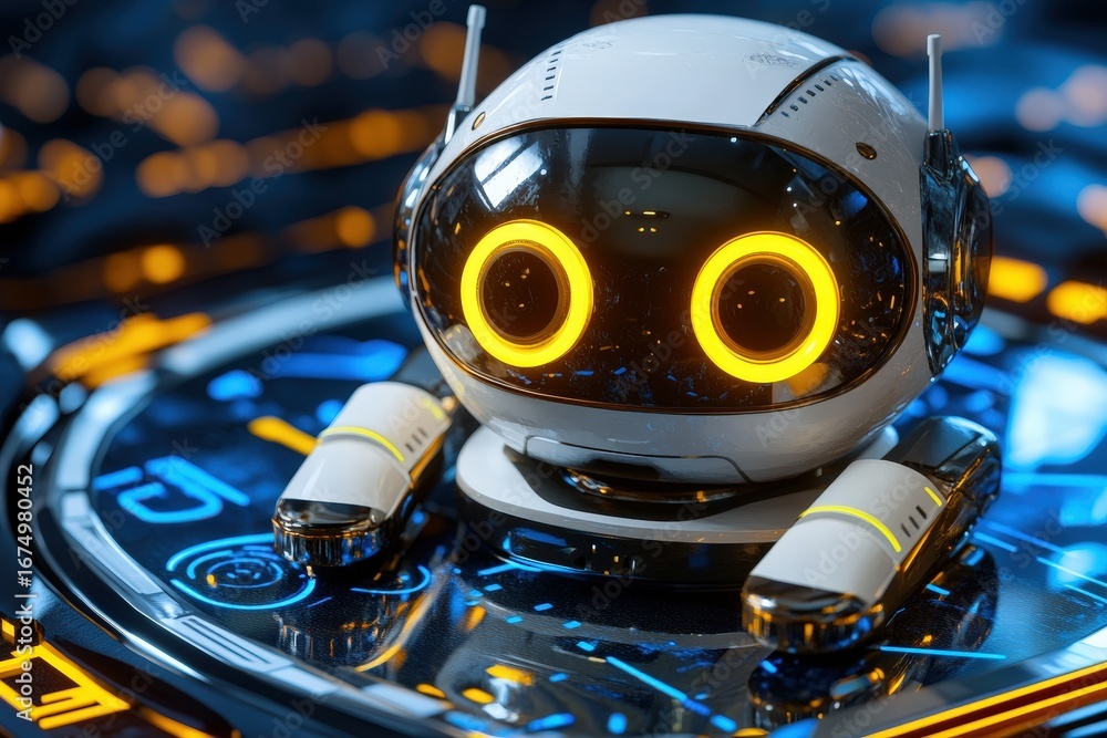 Fototapeta premium Futuristic robot with glowing eyes on a digital circuit background